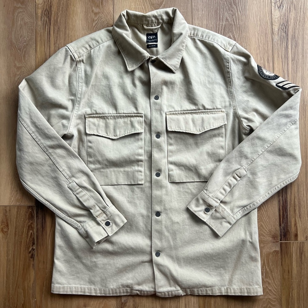 Zara Utility Canvas Button Up Shacket Jacket With Patches Men’s XL